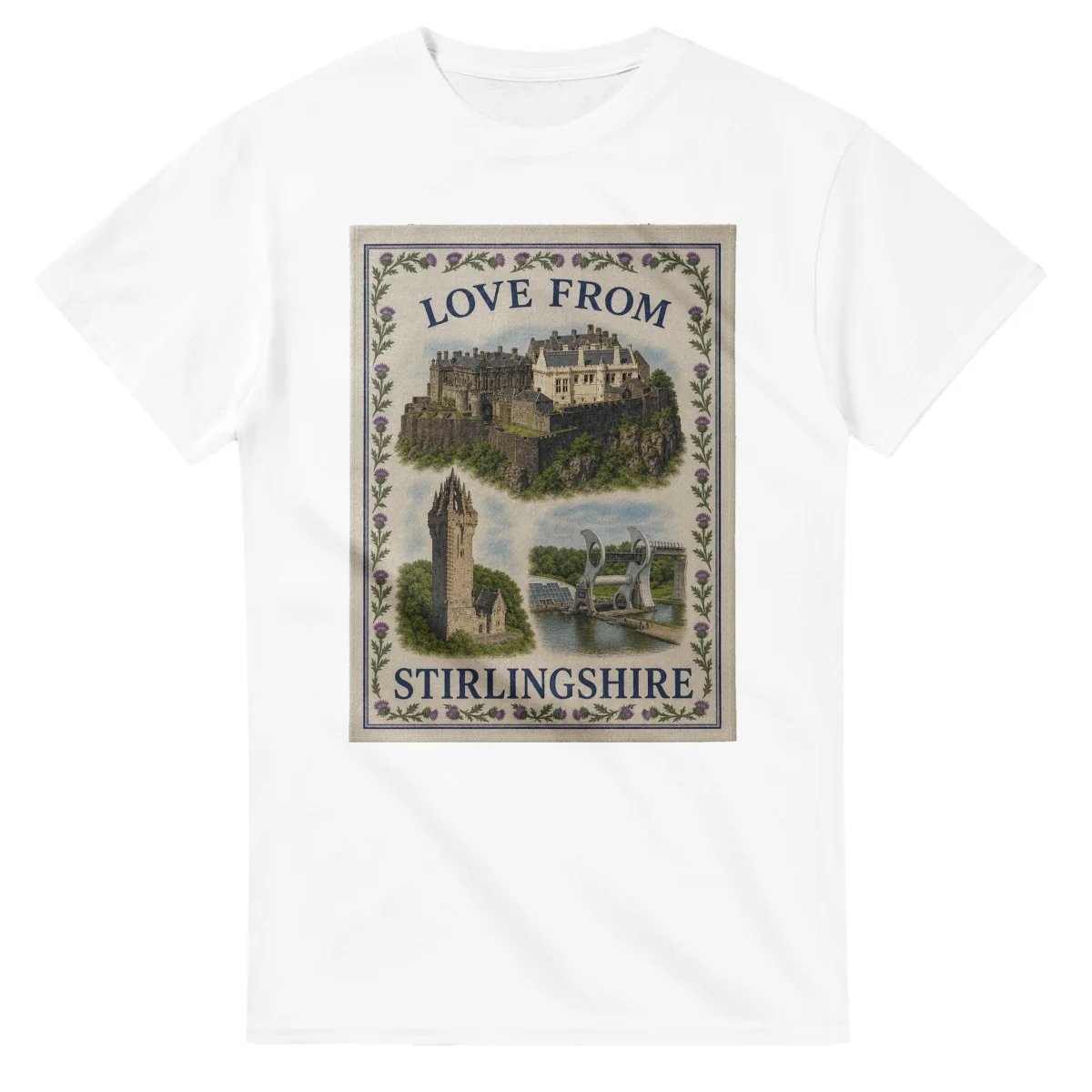 Framed scenic design for Stirlingshire, with several local views, a decorative border and LOVE FROM lettering.
