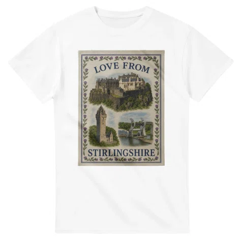 Framed scenic design for Stirlingshire, with several local views, a decorative border and LOVE FROM lettering.