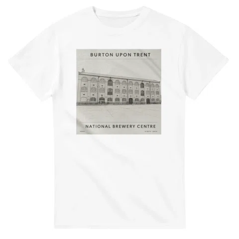 Fine-line engraving-style drawing for Burton upon Trent, with a landmark caption and small coordinate text.