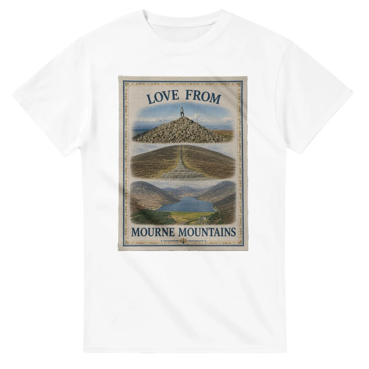 Framed scenic design for Mourne Mountains, with several local views, a decorative border and LOVE FROM lettering.
