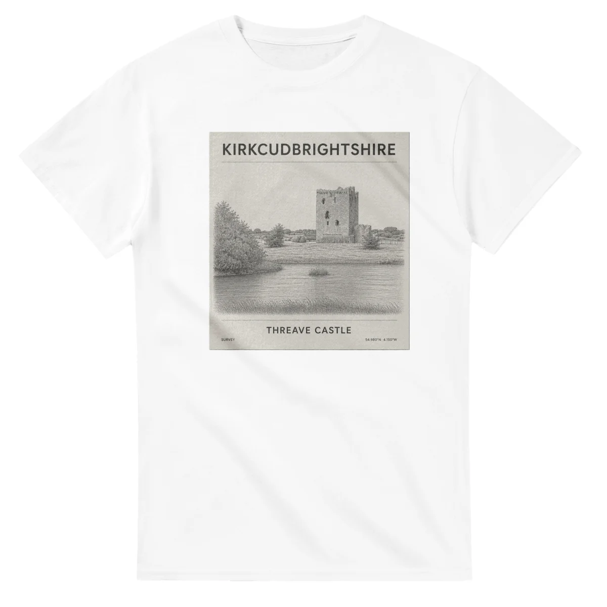 Fine-line engraving-style drawing for Kirkcudbrightshire, with a landmark caption and small coordinate text.