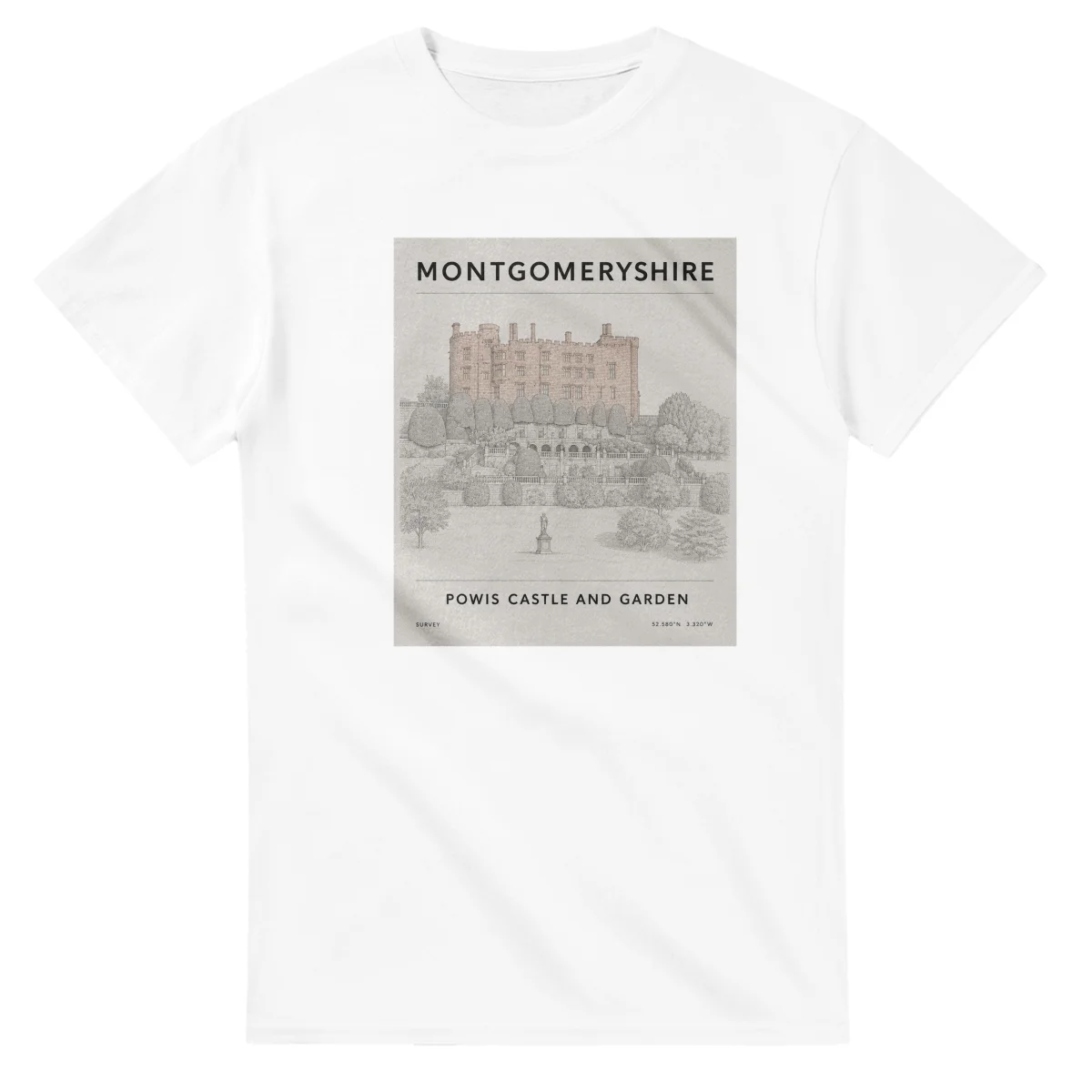 Fine-line engraving-style drawing for Montgomeryshire, with a landmark caption and small coordinate text.