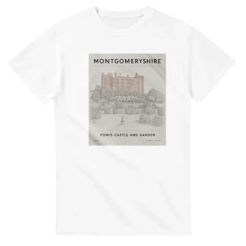 Fine-line engraving-style drawing for Montgomeryshire, with a landmark caption and small coordinate text.