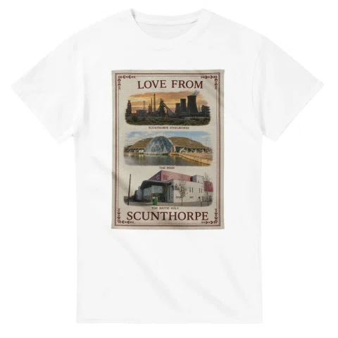 Framed scenic design for Scunthorpe, with several local views, a decorative border and LOVE FROM lettering.