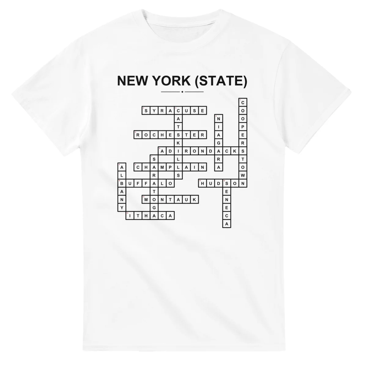 Monochrome crossword sheet for New York (state), with a large place-name heading, a letter grid, and numbered across and down clues.