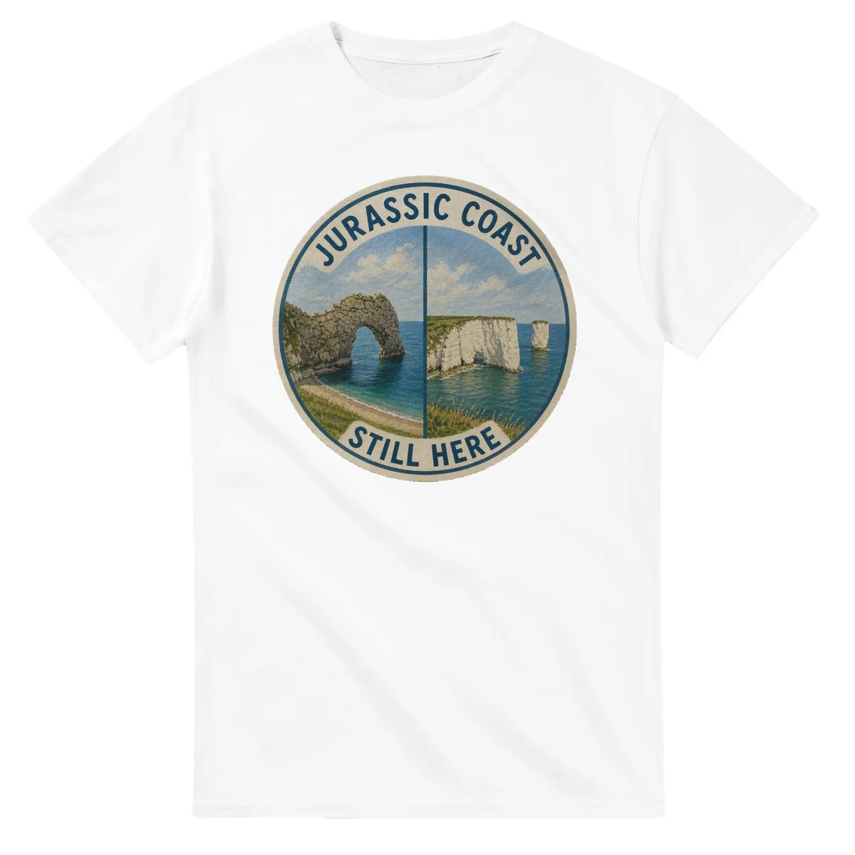 Painted, panelled scenic illustration for Jurassic Coast, with paired local scenes and the place name in lettering.