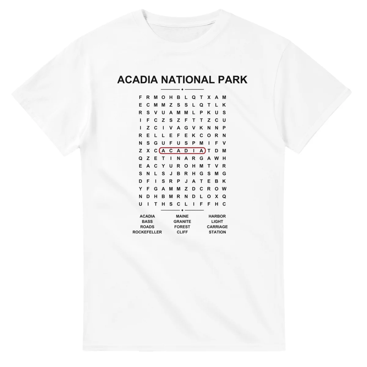 Word-search sheet for Acadia National Park, with a large place-name heading, a letter grid, a local answer list, and a red highlighted example word.