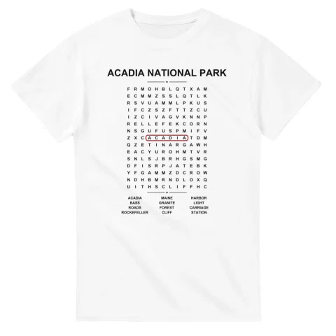 Word-search sheet for Acadia National Park, with a large place-name heading, a letter grid, a local answer list, and a red highlighted example word.