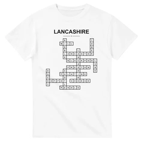 Monochrome crossword sheet for Lancashire, with a large place-name heading, a letter grid, and numbered across and down clues.