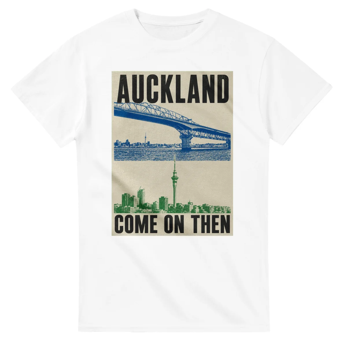 Two-colour scenic illustration for Auckland, with the place name and COME ON THEN lettering.