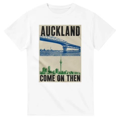 Two-colour scenic illustration for Auckland, with the place name and COME ON THEN lettering.