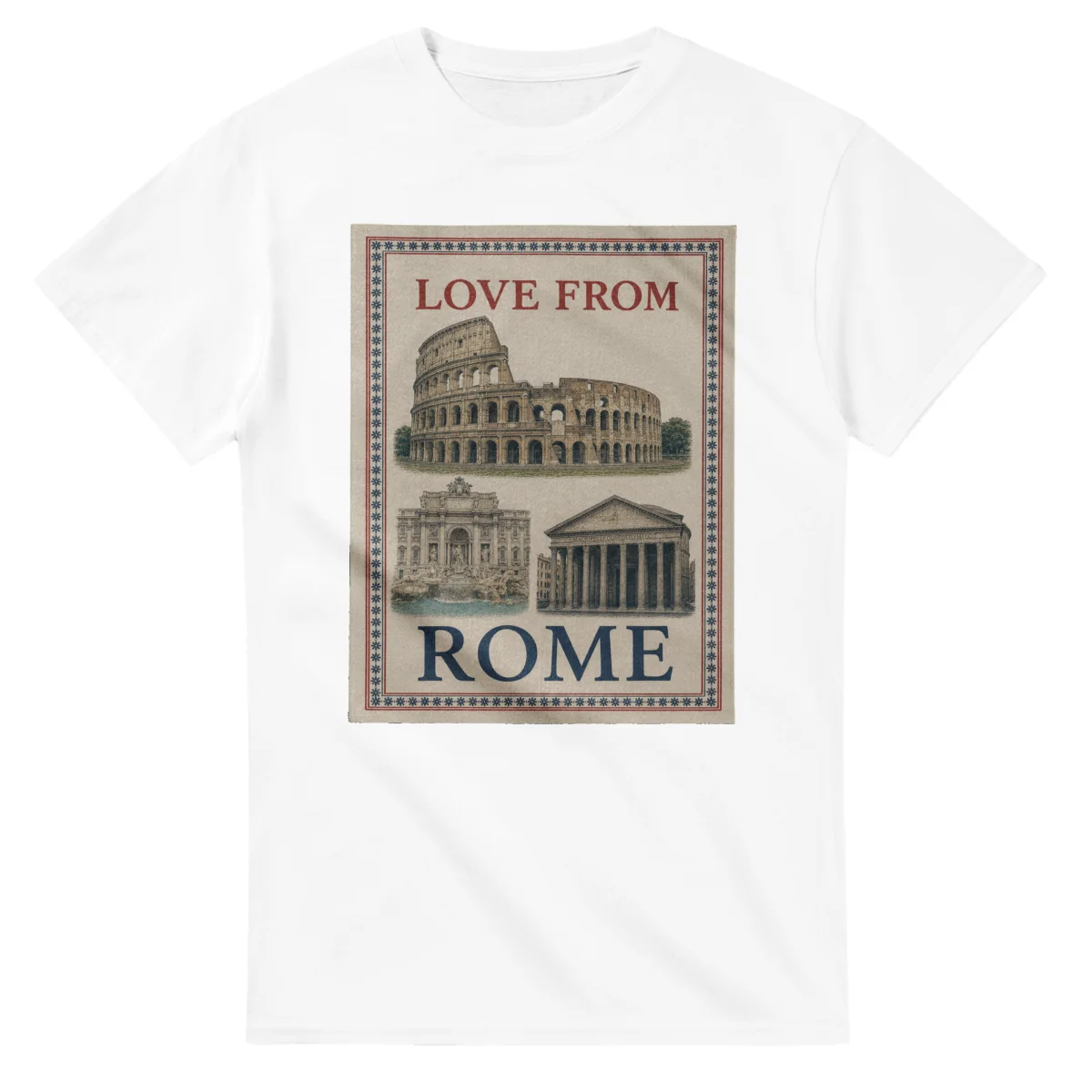 Framed scenic design for Rome, with several local views, a decorative border and LOVE FROM lettering.