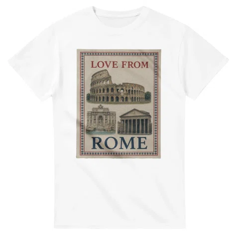 Framed scenic design for Rome, with several local views, a decorative border and LOVE FROM lettering.