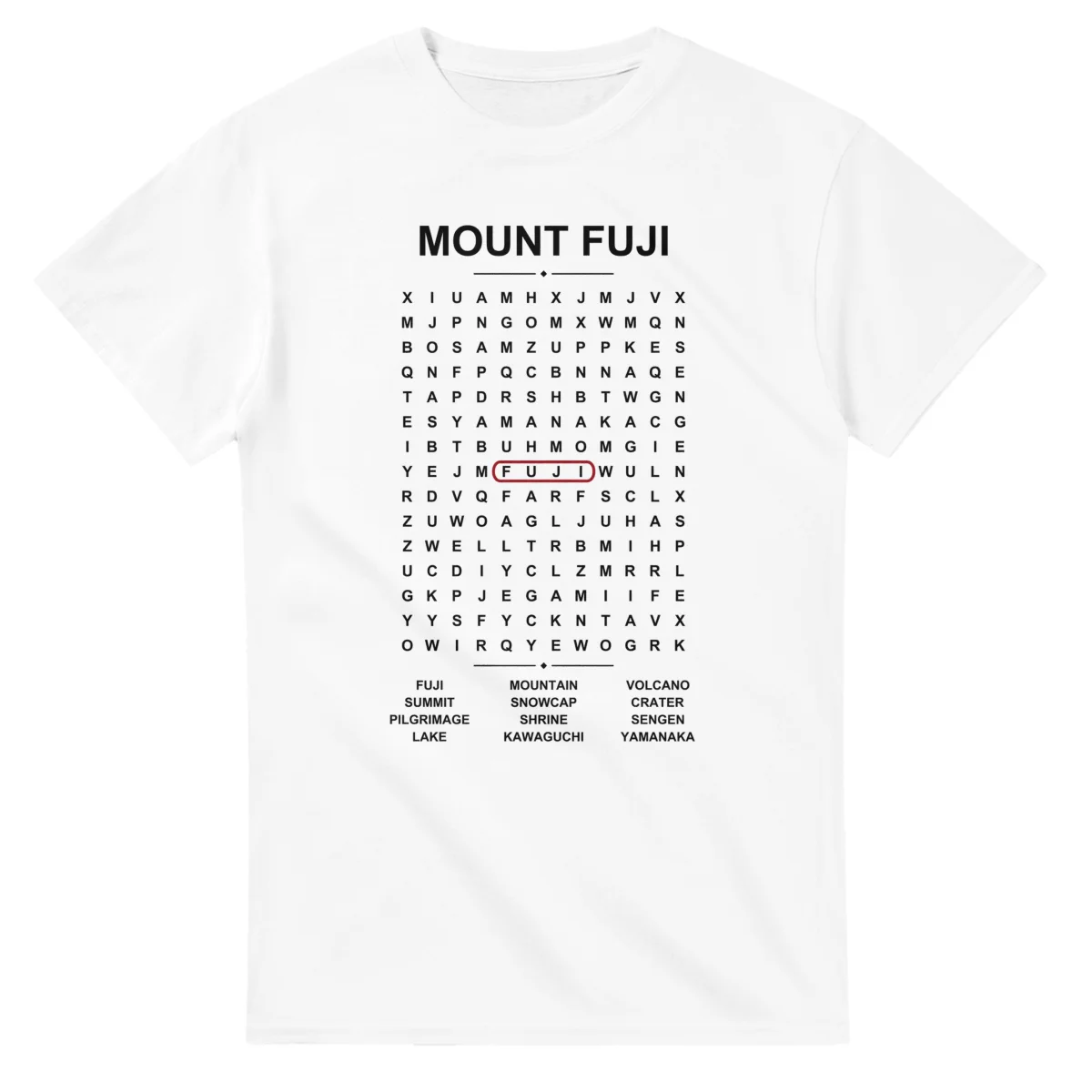 Word-search sheet for Mount Fuji, with a large place-name heading, a letter grid, a local answer list, and a red highlighted example word.