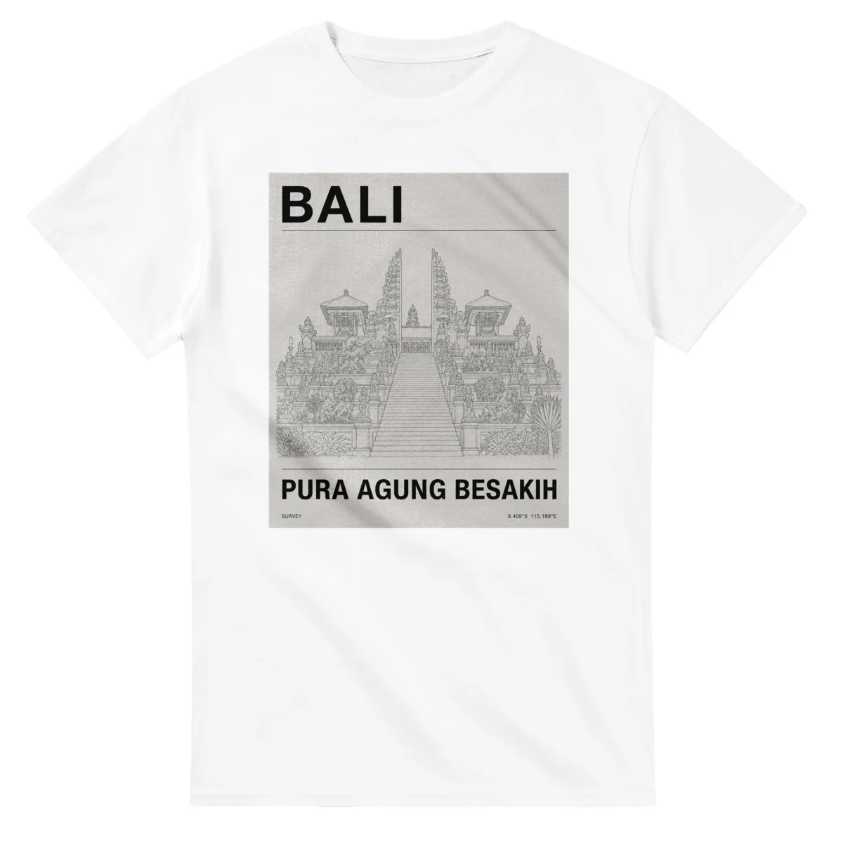 Fine-line engraving-style drawing for Bali, with a landmark caption and small coordinate text.
