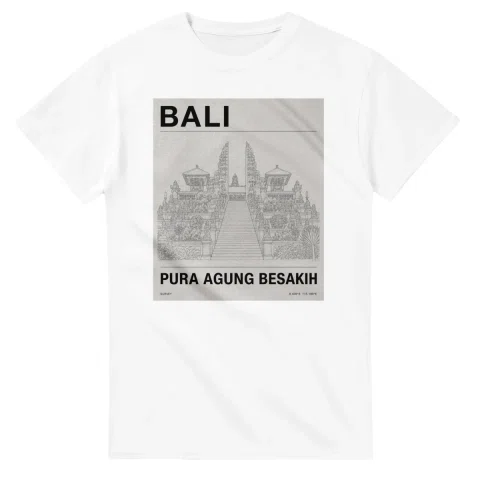 Fine-line engraving-style drawing for Bali, with a landmark caption and small coordinate text.