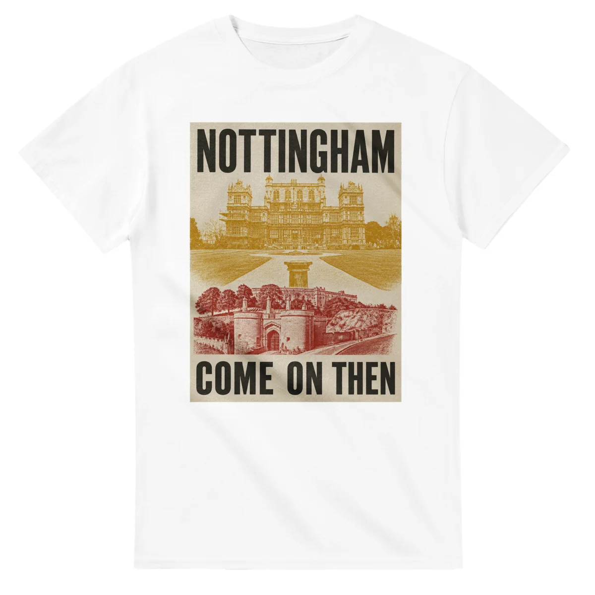 Two-colour scenic illustration for Nottingham, with the place name and COME ON THEN lettering.