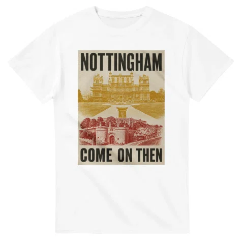 Two-colour scenic illustration for Nottingham, with the place name and COME ON THEN lettering.