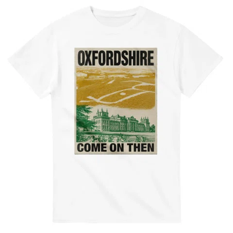 Two-colour scenic illustration for Oxfordshire, with the place name and COME ON THEN lettering.