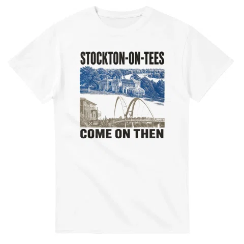 Two-colour scenic illustration for Stockton-on-Tees, with the place name and COME ON THEN lettering.