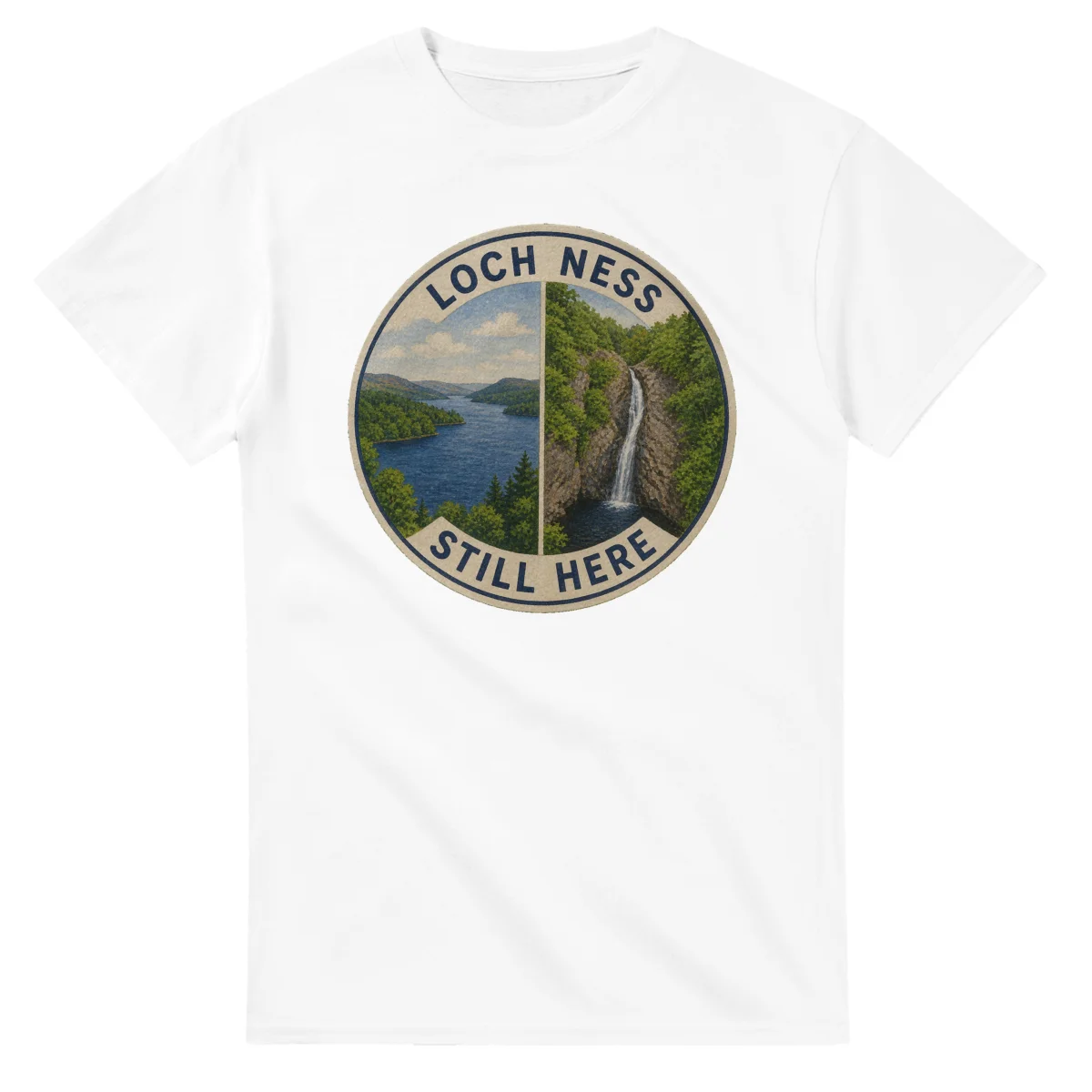 Painted, panelled scenic illustration for Loch Ness, with paired local scenes and the place name in lettering.