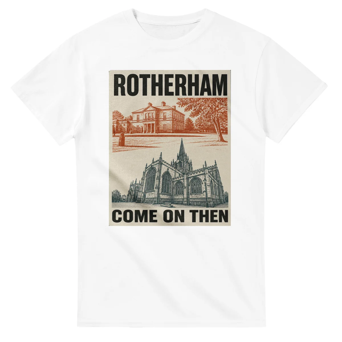 Two-colour scenic illustration for Rotherham, with the place name and COME ON THEN lettering.
