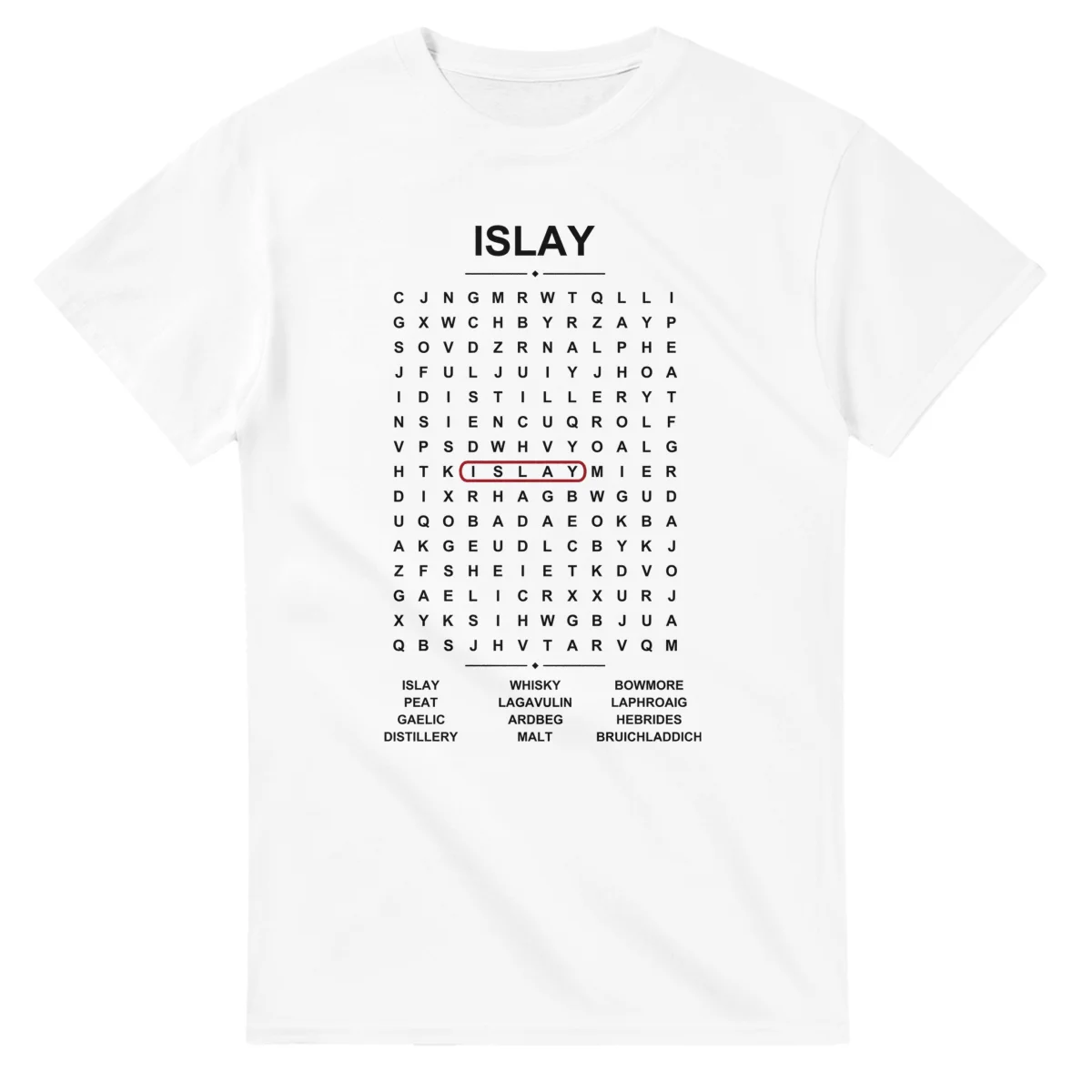 Word-search sheet for Islay, with a large place-name heading, a letter grid, a local answer list, and a red highlighted example word.