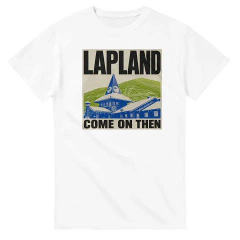 Two-colour scenic illustration for Lapland, with the place name and COME ON THEN lettering.