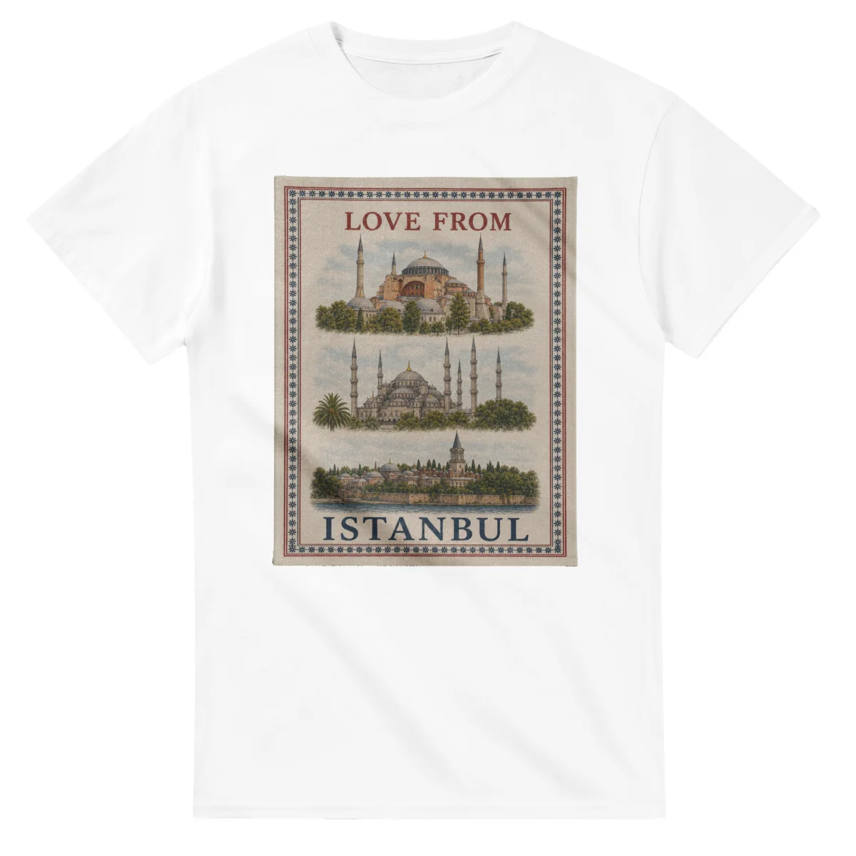 Framed scenic design for Istanbul, with several local views, a decorative border and LOVE FROM lettering.