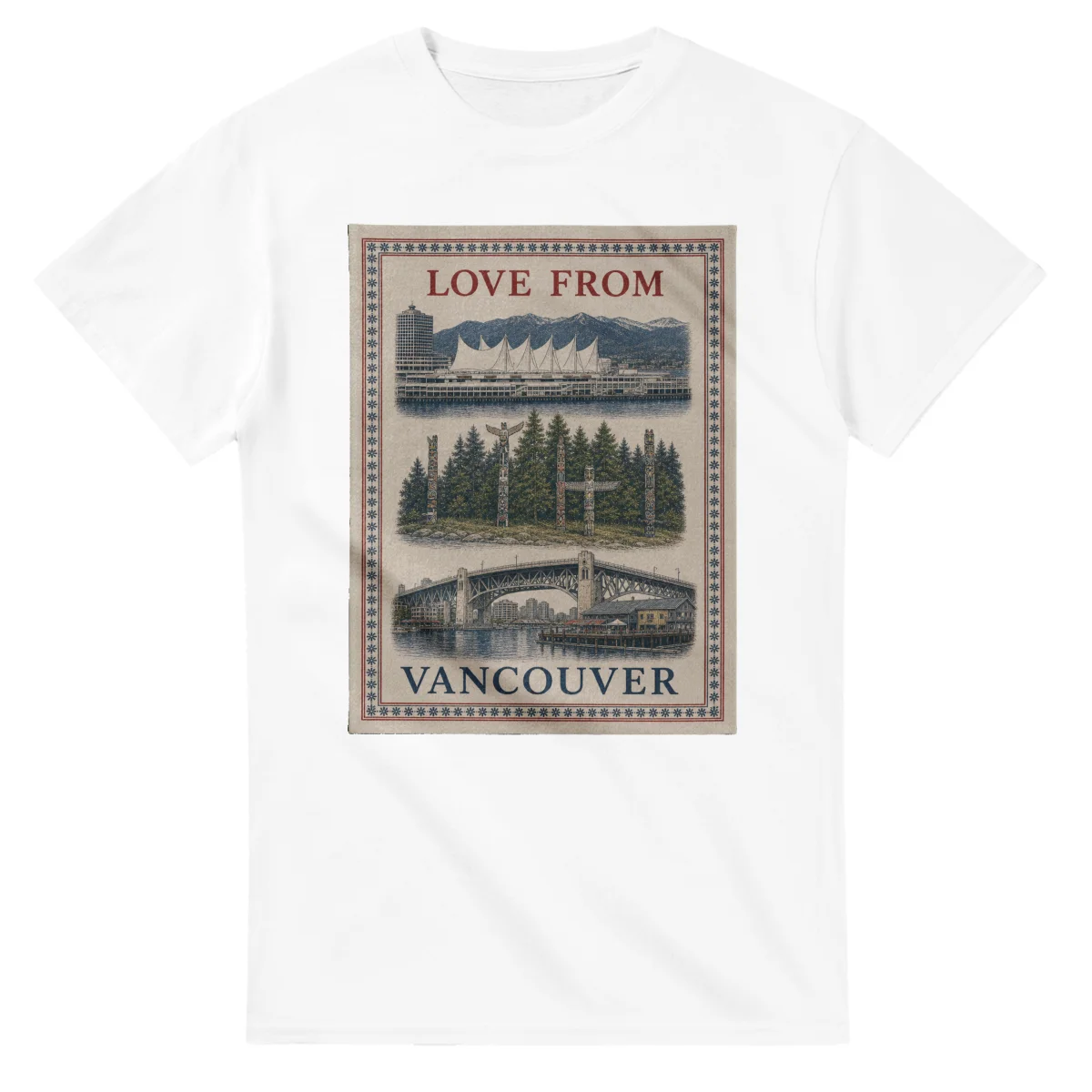 Framed scenic design for Vancouver, with several local views, a decorative border and LOVE FROM lettering.
