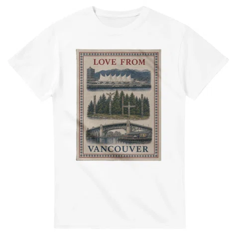 Framed scenic design for Vancouver, with several local views, a decorative border and LOVE FROM lettering.