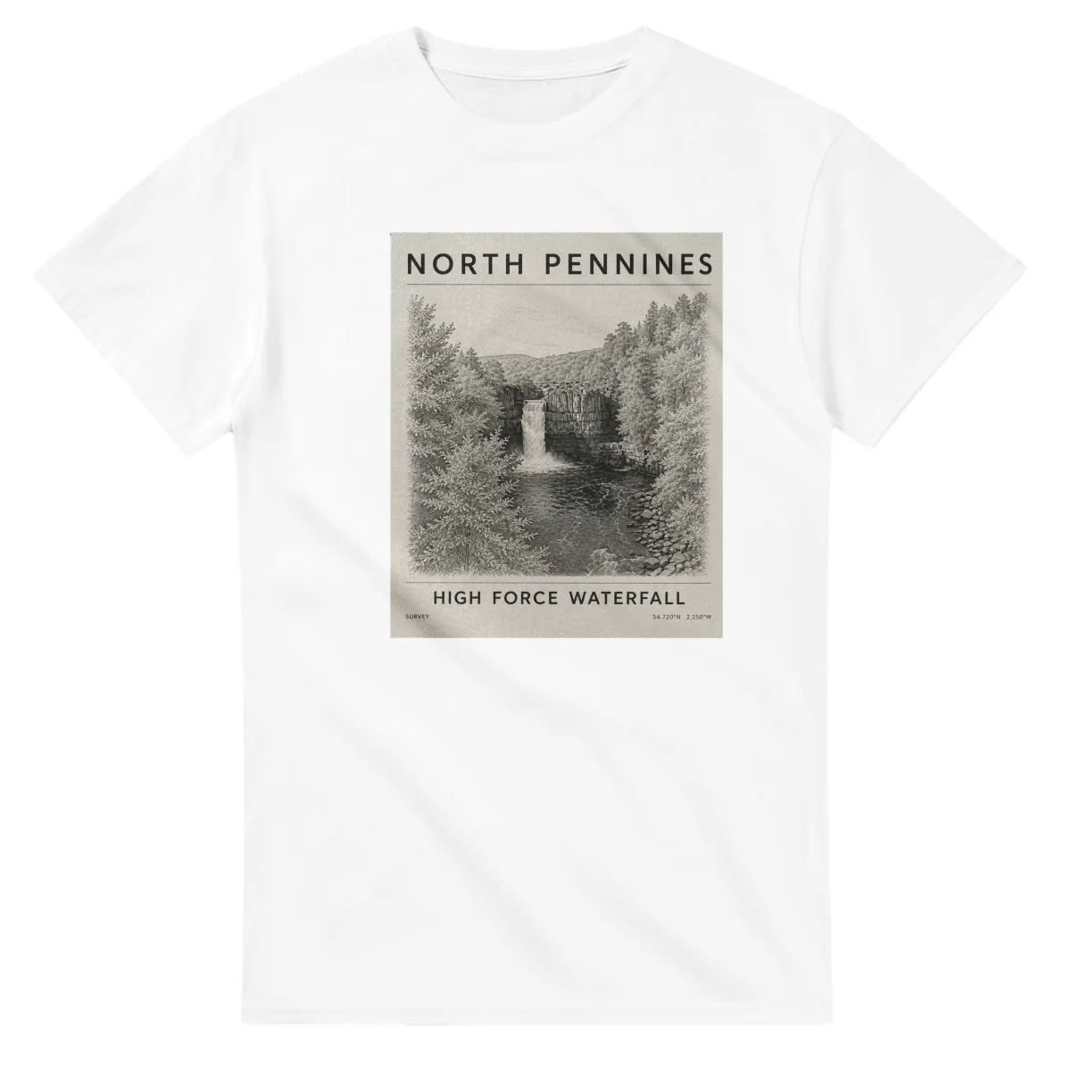Fine-line engraving-style drawing for North Pennines, with a landmark caption and small coordinate text.