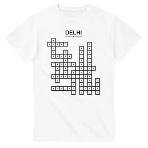 Monochrome crossword sheet for Delhi, with a large place-name heading, a letter grid, and numbered across and down clues.