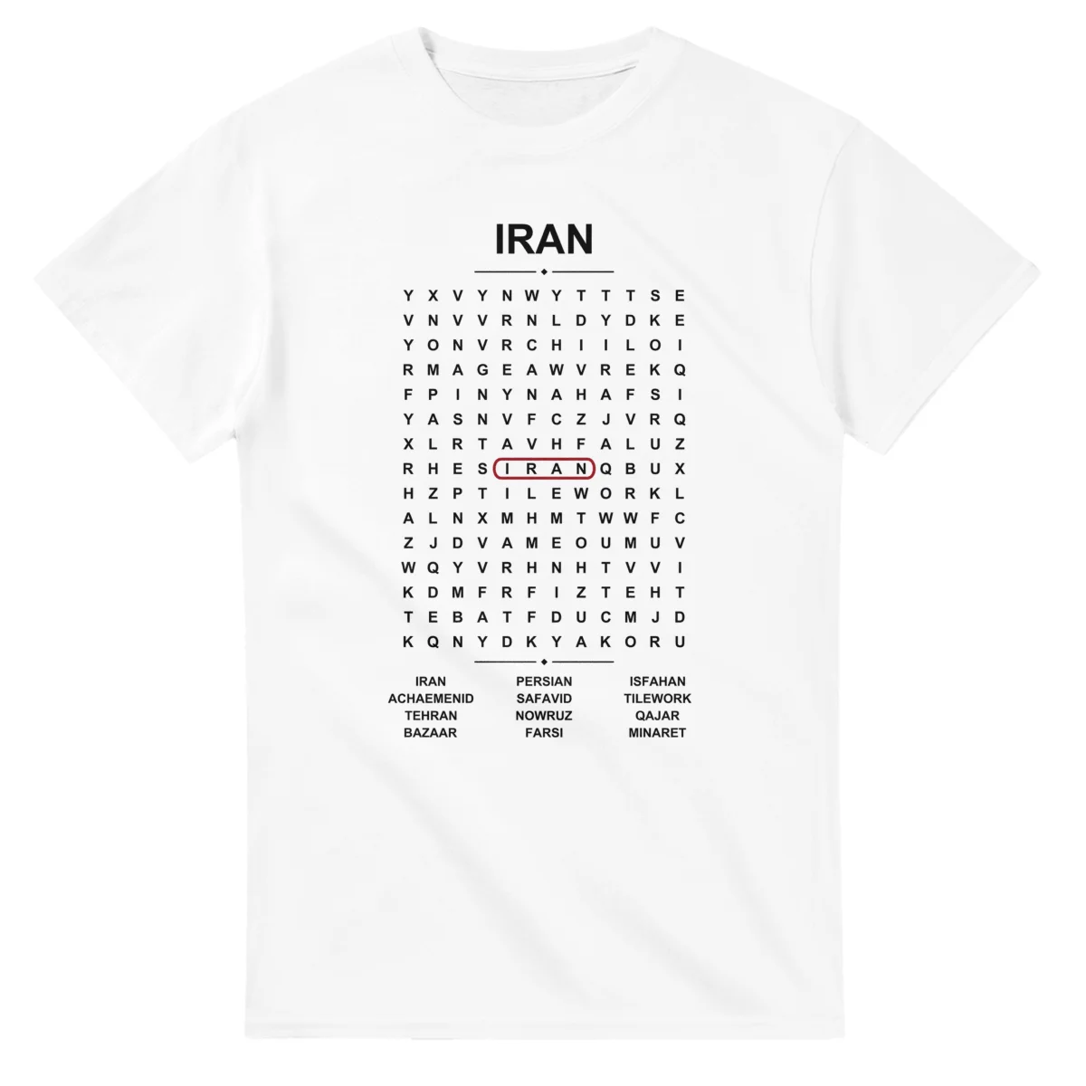 Word-search sheet for Iran, with a large place-name heading, a letter grid, a local answer list, and a red highlighted example word.