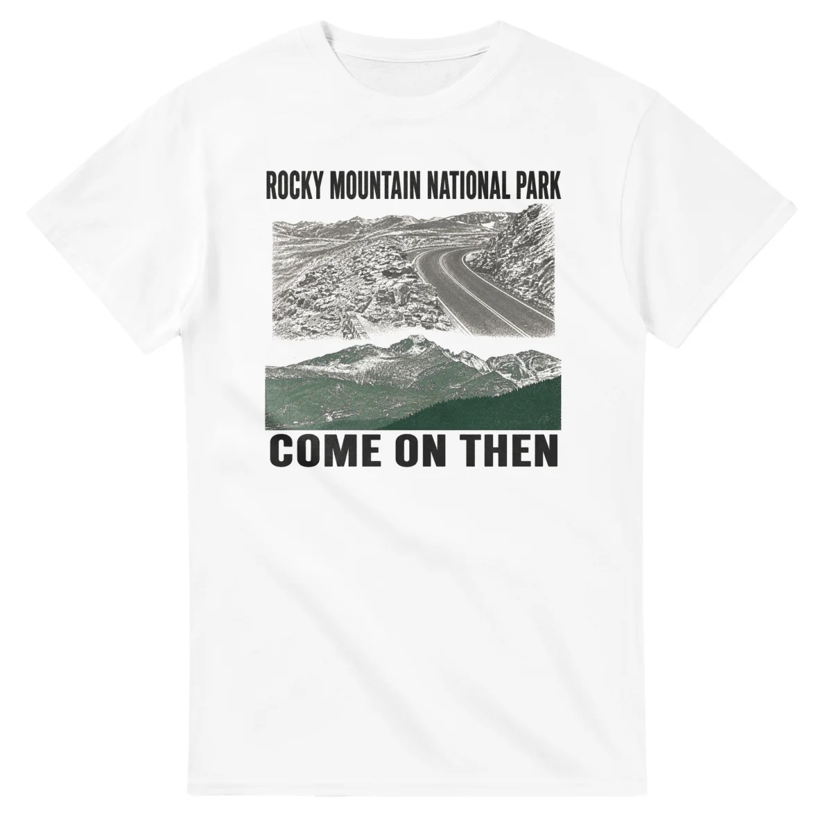 Two-colour scenic illustration for Rocky Mountain National Park, with the place name and COME ON THEN lettering.