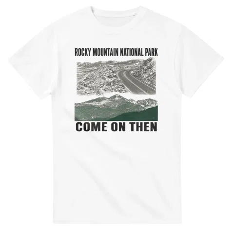 Two-colour scenic illustration for Rocky Mountain National Park, with the place name and COME ON THEN lettering.