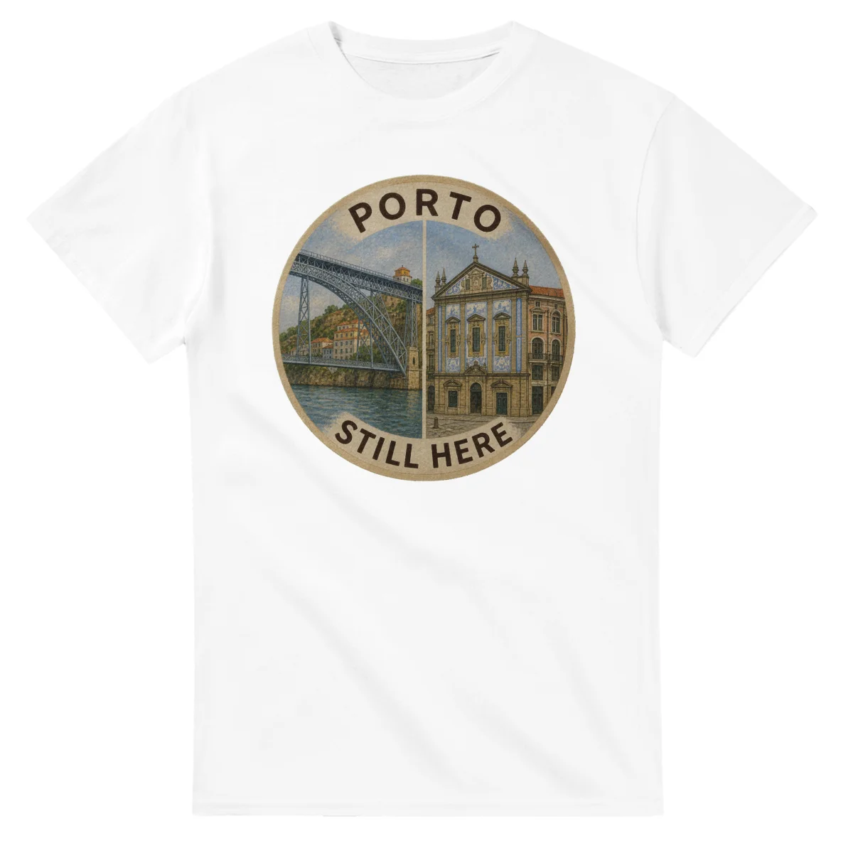 Painted, panelled scenic illustration for Porto, with paired local scenes and the place name in lettering.