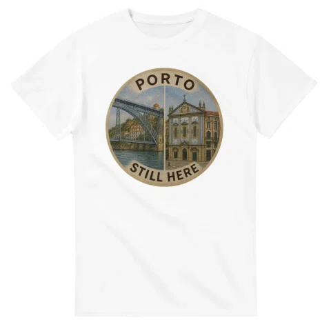 Painted, panelled scenic illustration for Porto, with paired local scenes and the place name in lettering.