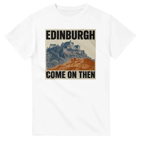 Two-colour scenic illustration for Edinburgh, with the place name and COME ON THEN lettering.
