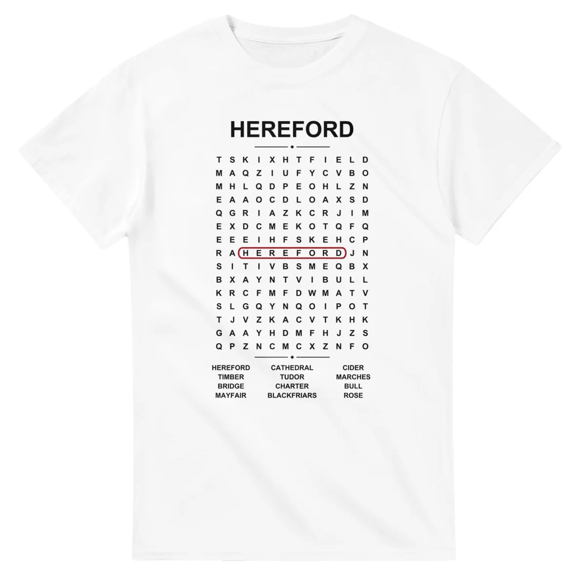 Word-search sheet for Hereford, with a large place-name heading, a letter grid, a local answer list, and a red highlighted example word.