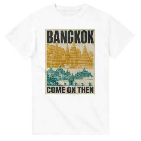 Two-colour scenic illustration for Bangkok, with the place name and COME ON THEN lettering.