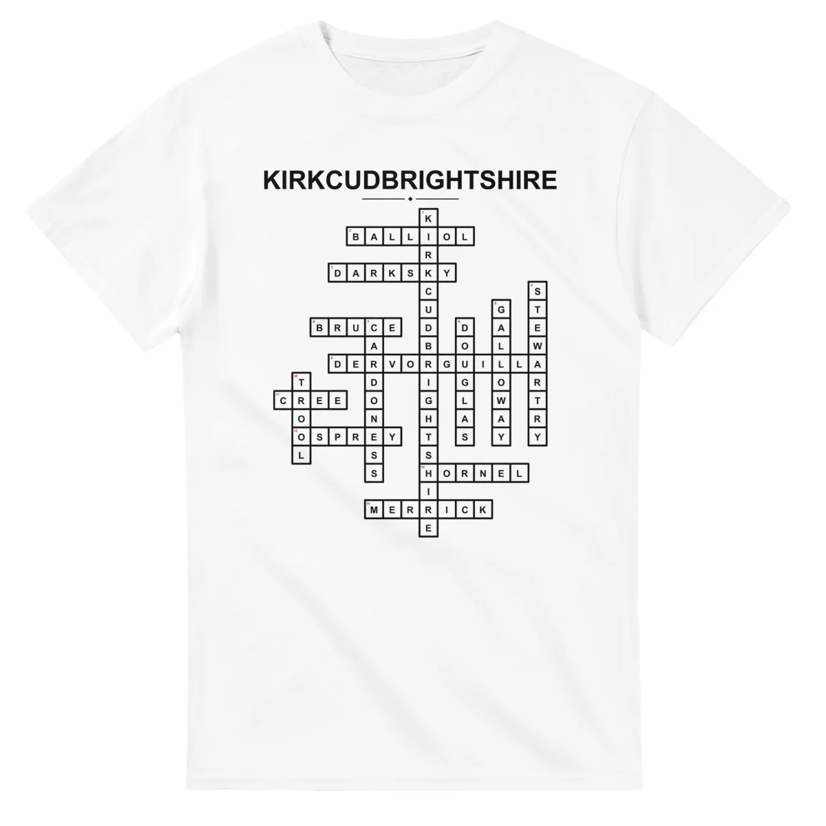 Monochrome crossword sheet for Kirkcudbrightshire, with a large place-name heading, a letter grid, and numbered across and down clues.