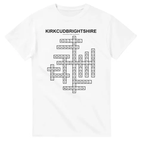 Monochrome crossword sheet for Kirkcudbrightshire, with a large place-name heading, a letter grid, and numbered across and down clues.