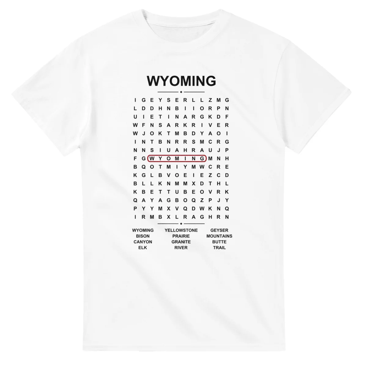 Word-search sheet for Wyoming, with a large place-name heading, a letter grid, a local answer list, and a red highlighted example word.