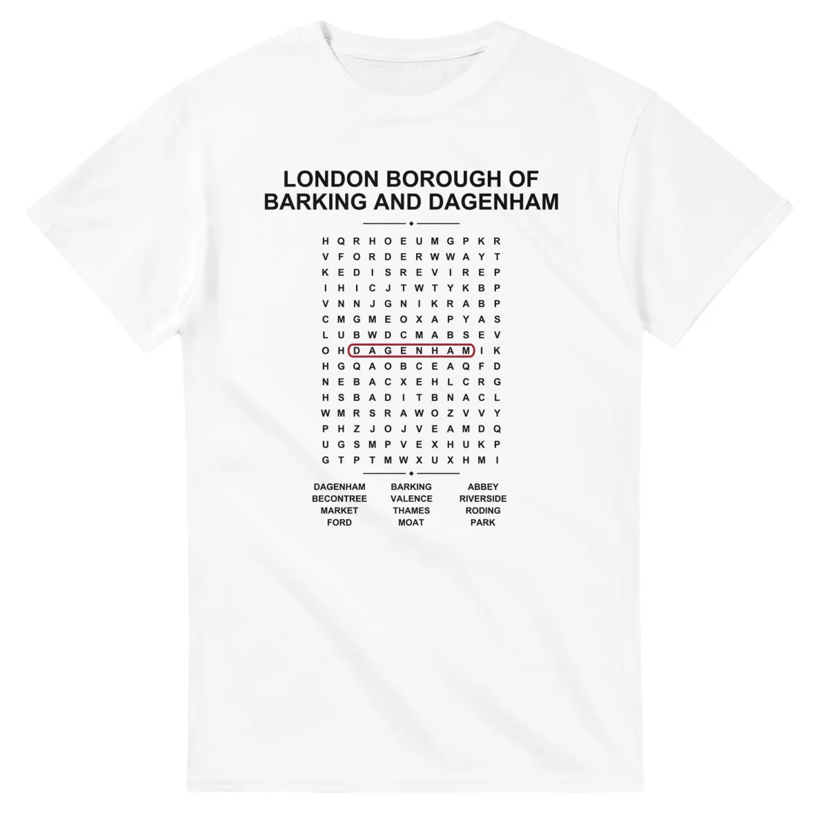 Word-search sheet for London Borough of Barking and Dagenham, with a large place-name heading, a letter grid, a local answer list, and a red highlighted example word.