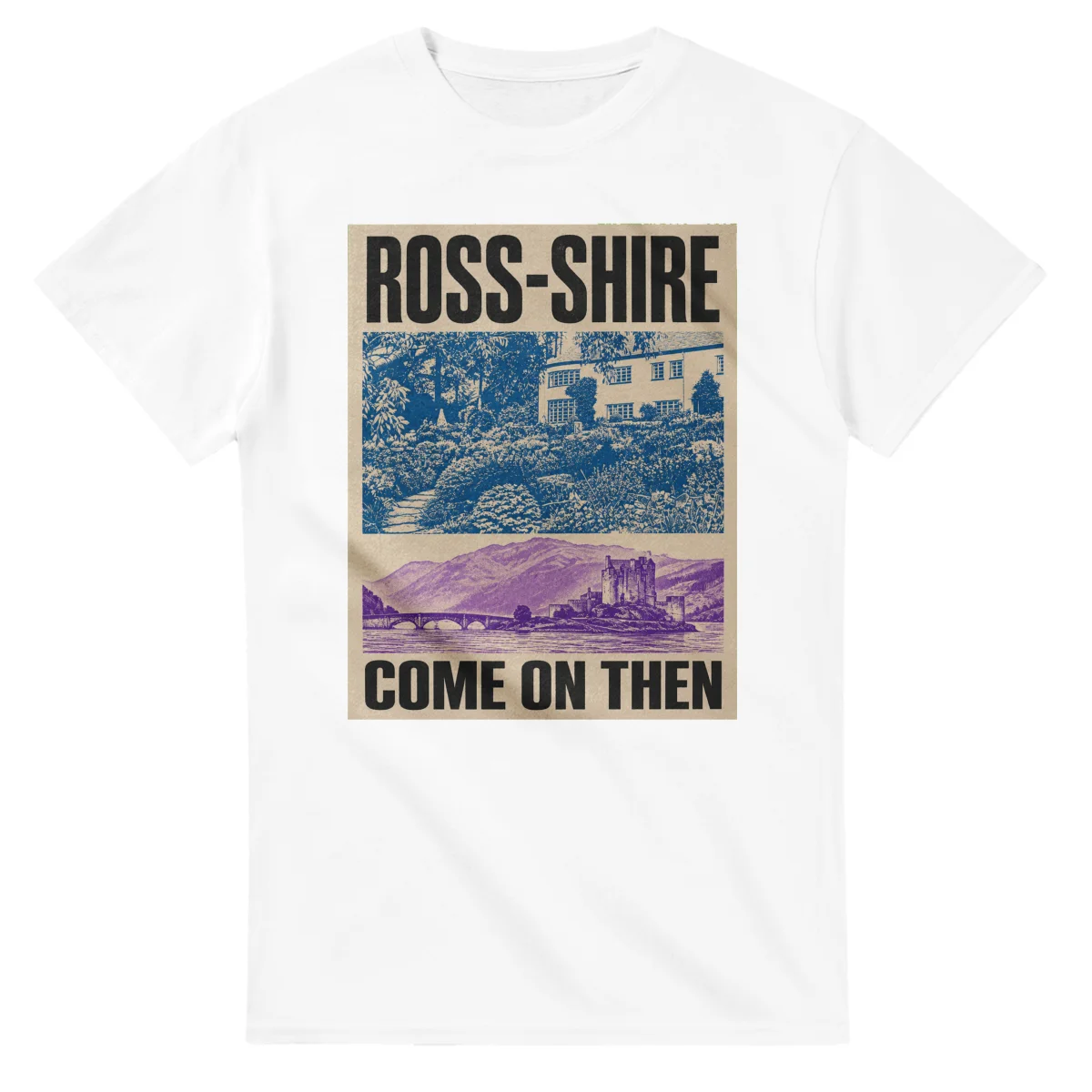 Two-colour scenic illustration for Ross-shire, with the place name and COME ON THEN lettering.