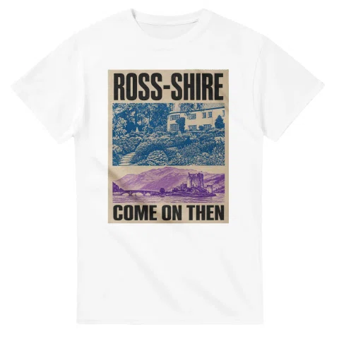 Two-colour scenic illustration for Ross-shire, with the place name and COME ON THEN lettering.