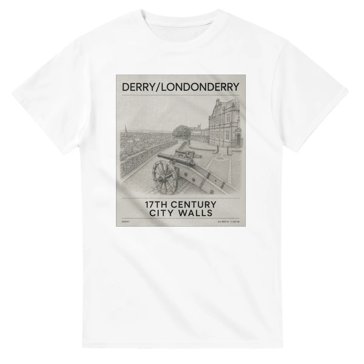 Fine-line engraving-style drawing for Derry/Londonderry, with a landmark caption and small coordinate text.