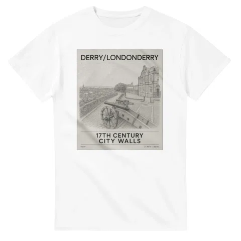 Fine-line engraving-style drawing for Derry/Londonderry, with a landmark caption and small coordinate text.