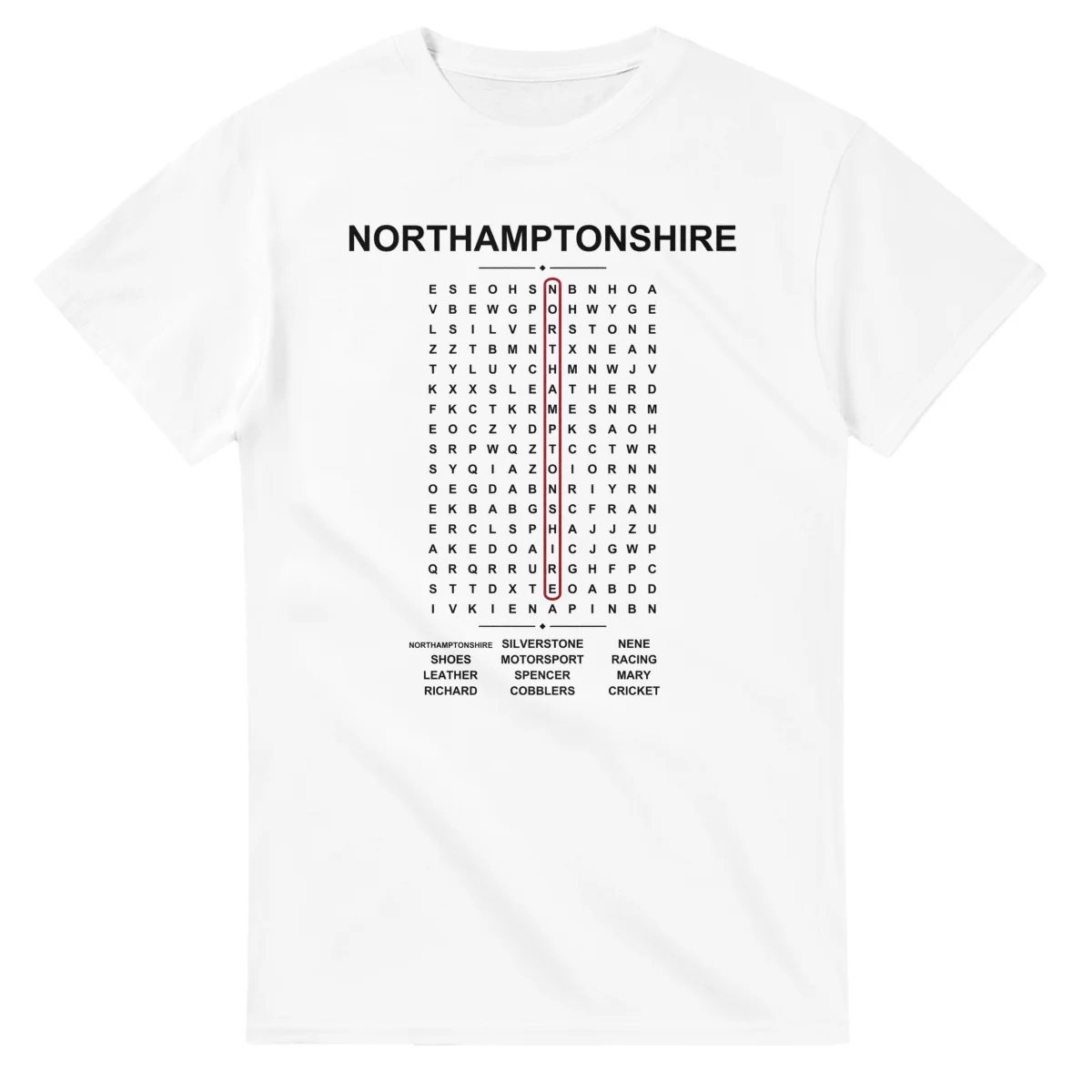 Word-search sheet for Northamptonshire, with a large place-name heading, a letter grid, a local answer list, and a red highlighted example word.
